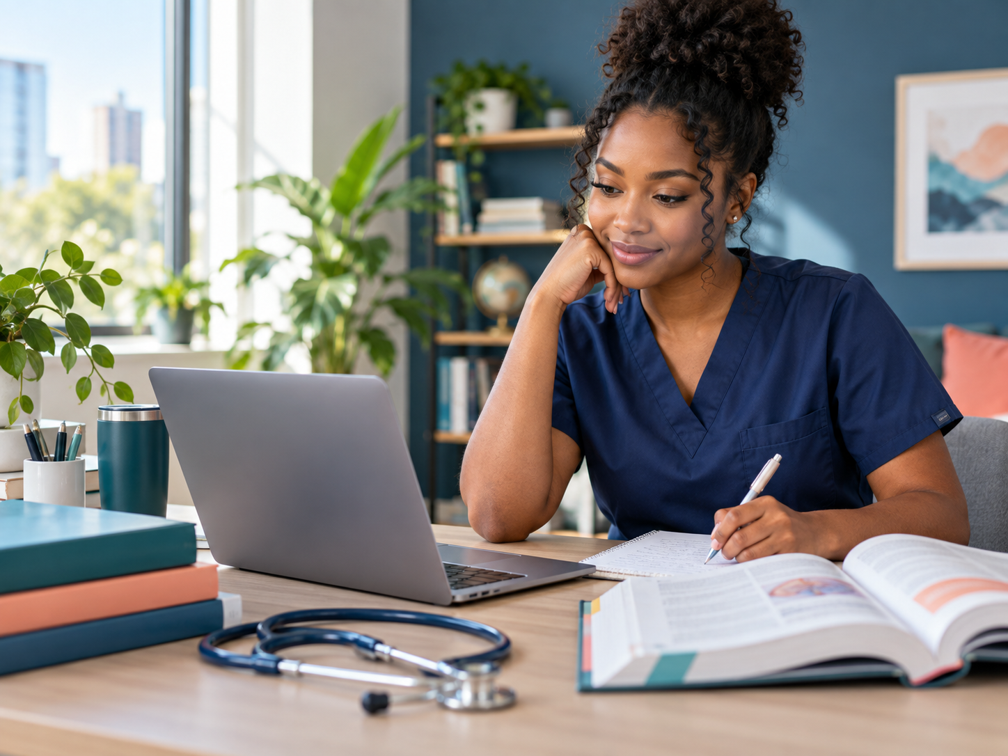 Nursing student studying at a desk with a laptop, textbook, and stethoscope